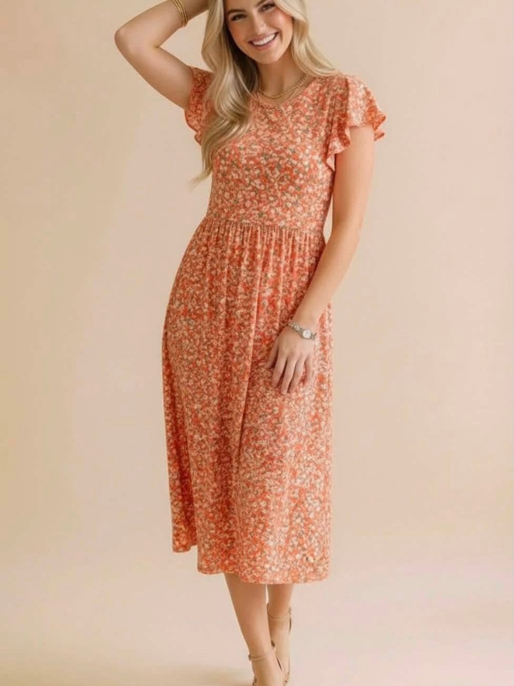 Smocked Bodice Orange Floral Midi Dress with Flutter Sleeves